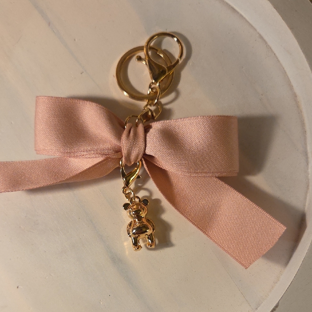 Pink Ribbon Keychain with Gold Coach Bear Charm